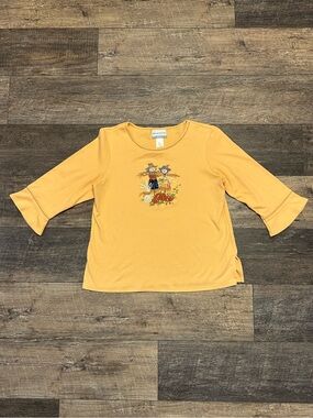 Cute Halloween Fall Scarecrow Embroidered Studded Top Bell 3/4 Sleeve Women’s S